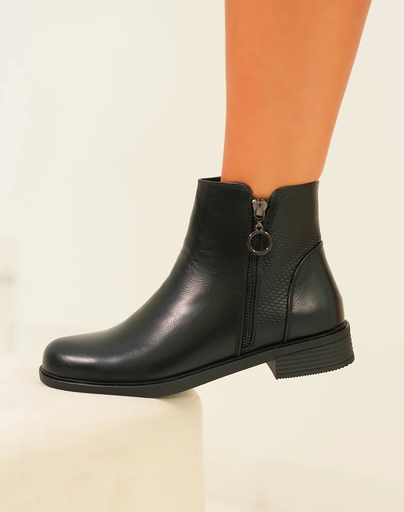 Bottines noire Bi-Matière : Effet serpent pour femme