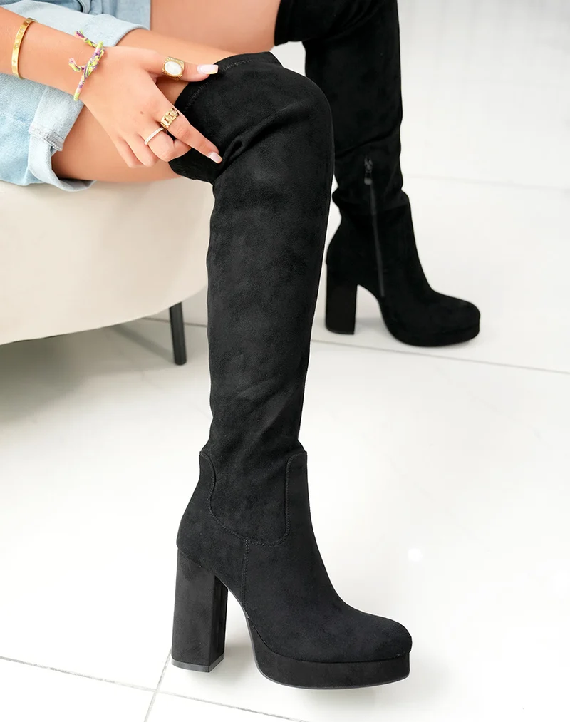 Cuissardes en suédine noir à talons hauts pour femme