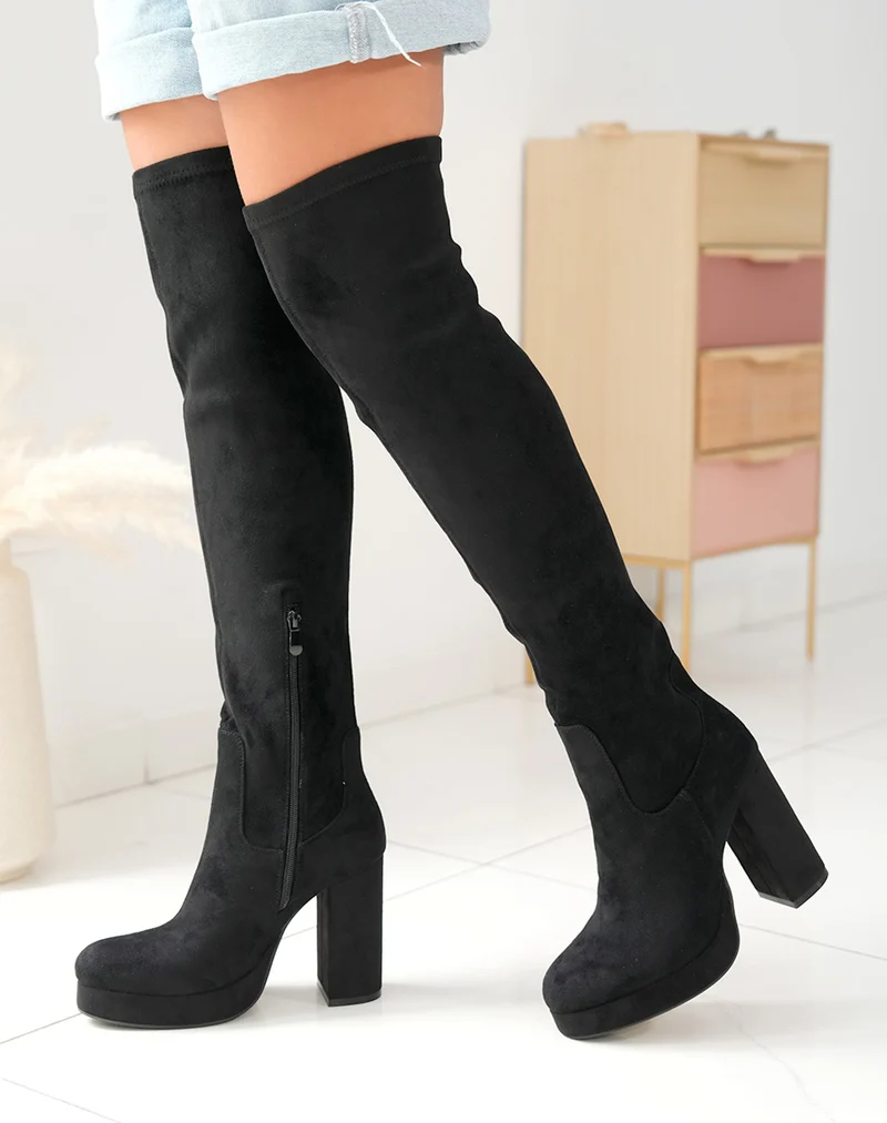 Cuissardes en suédine noir à talons hauts pour femme