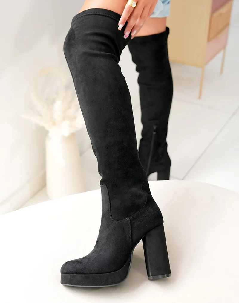 Cuissardes en suédine noir à talons hauts pour femme
