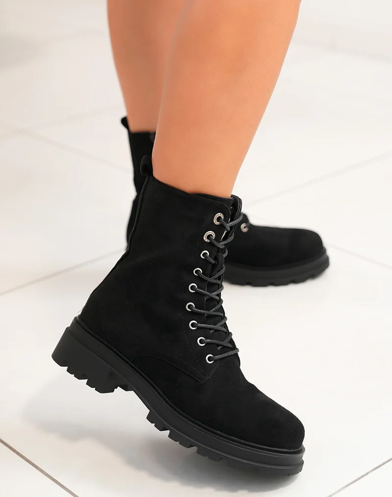 Bottines montantes à lacets noires en suédine avec détails argentés