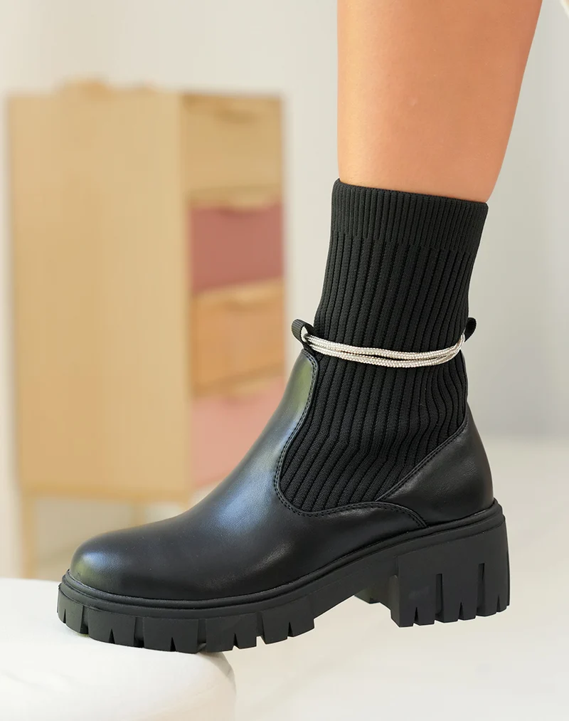 Bottines Noires Femme avec Effet Chaussette et Strass Amovible