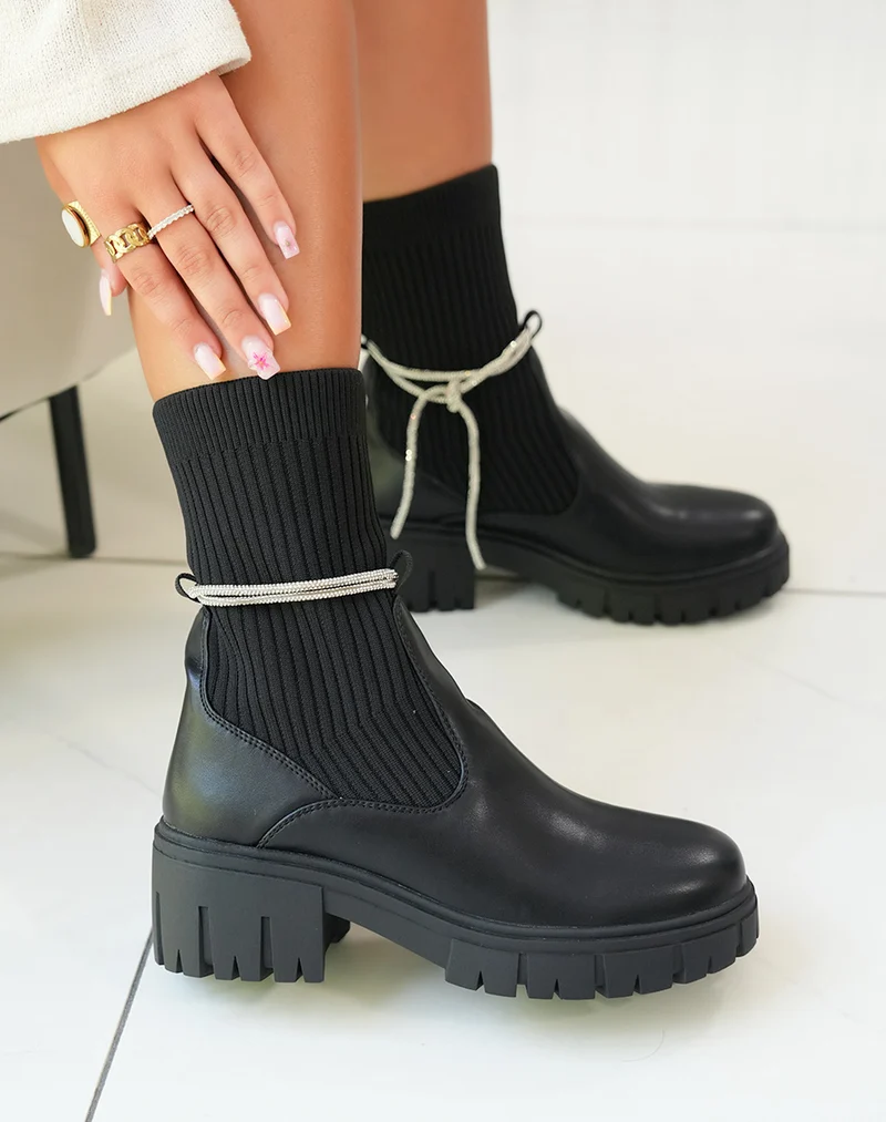 Bottines Noires Femme avec Effet Chaussette et Strass Amovible