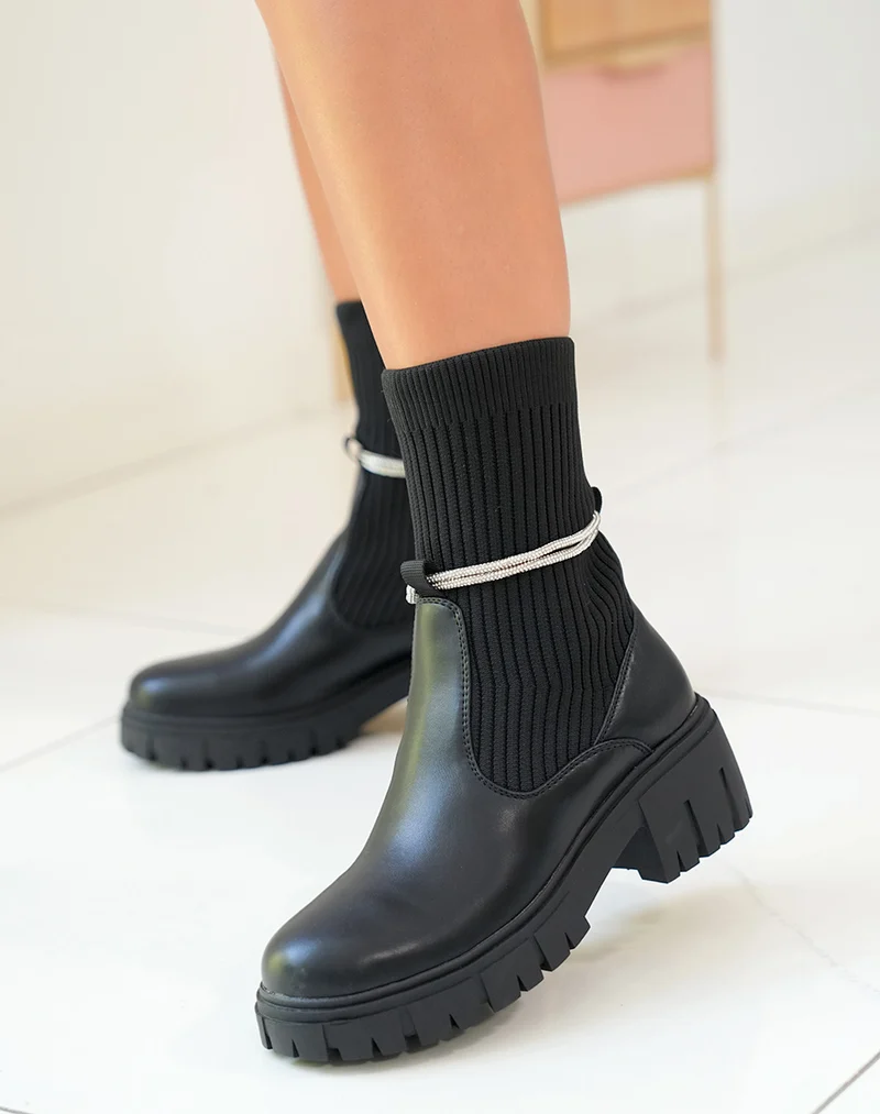 Bottines Noires Femme avec Effet Chaussette et Strass Amovible