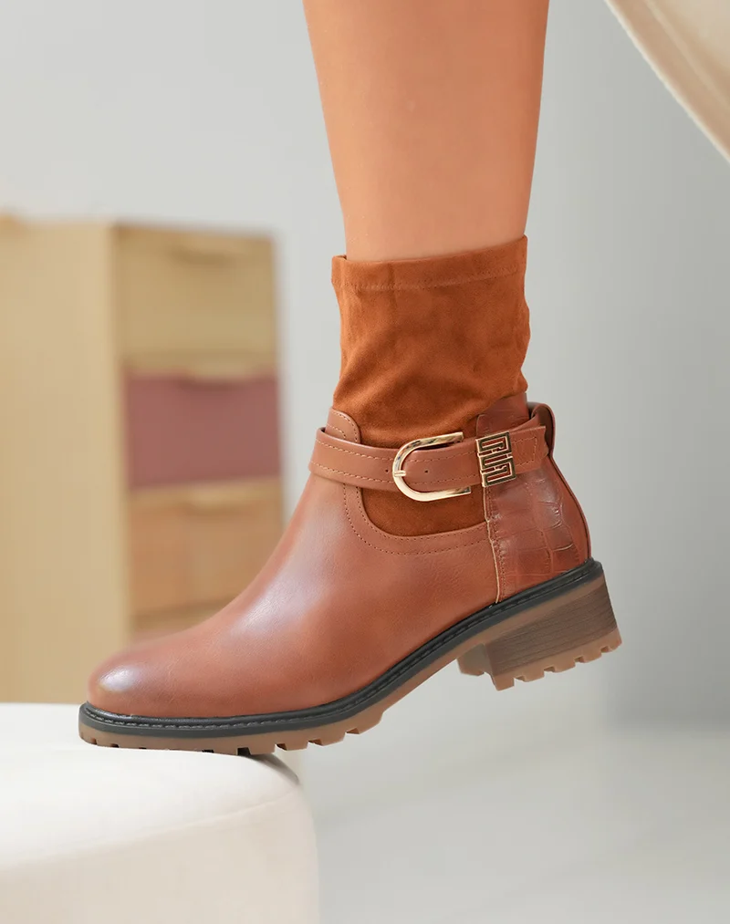 Bottines camel en multi-matière à détails dorés pour femmes