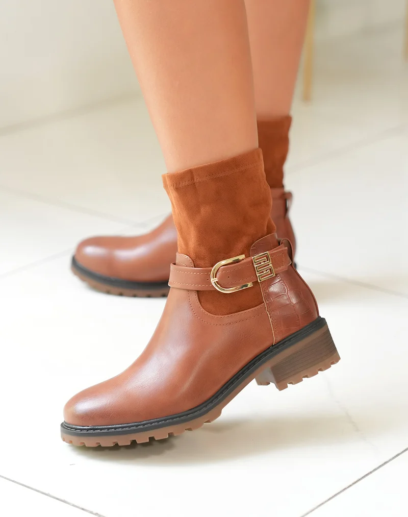Bottines camel en multi-matière à détails dorés pour femmes