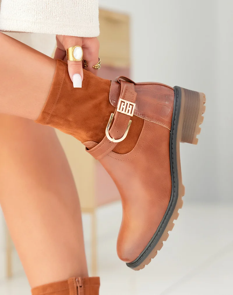 Bottines camel en multi-matière à détails dorés pour femmes