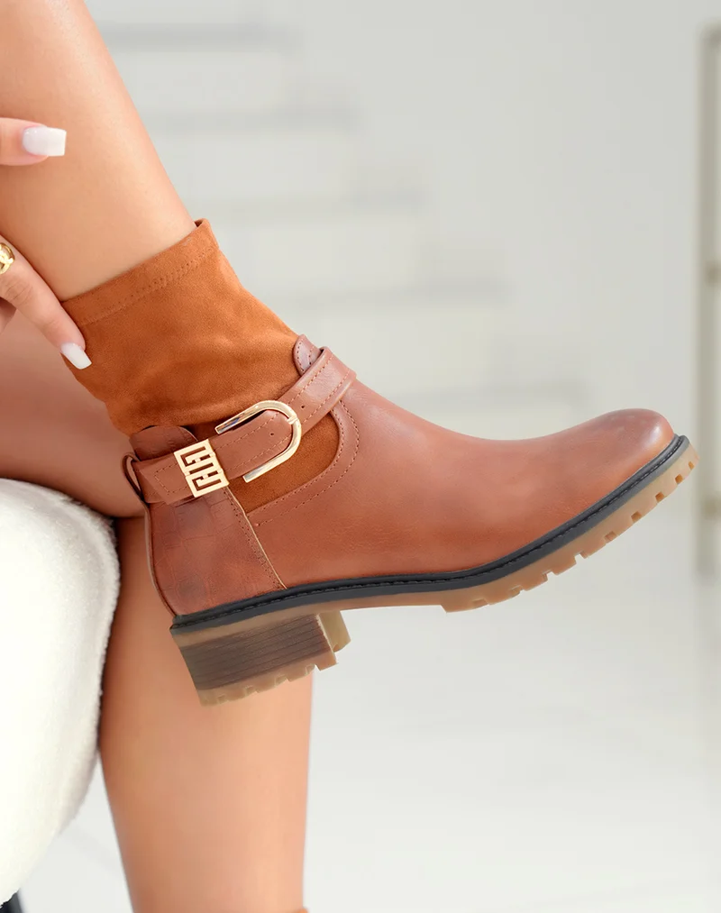 Bottines camel en multi-matière à détails dorés pour femmes