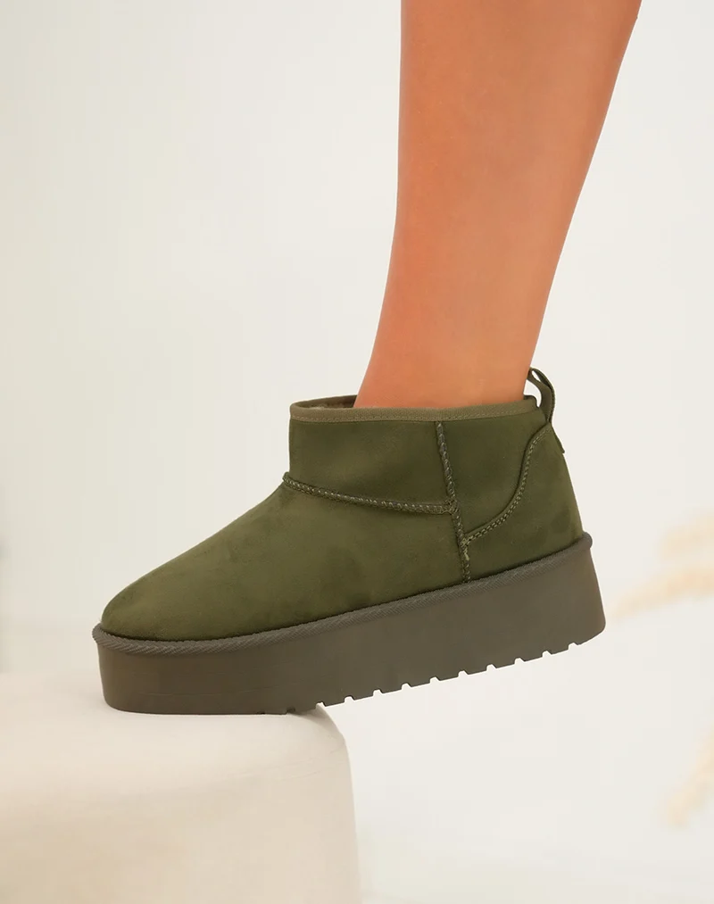 Bottines kaki à plateforme fourrées en suédine