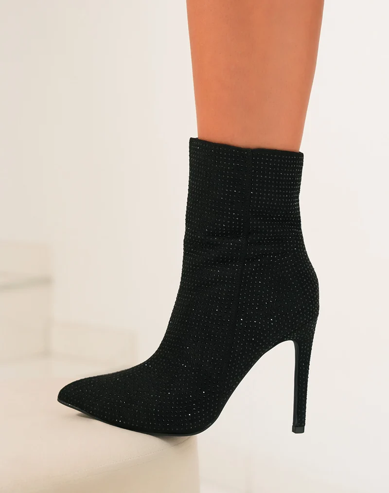 Bottines à talon noires à strass