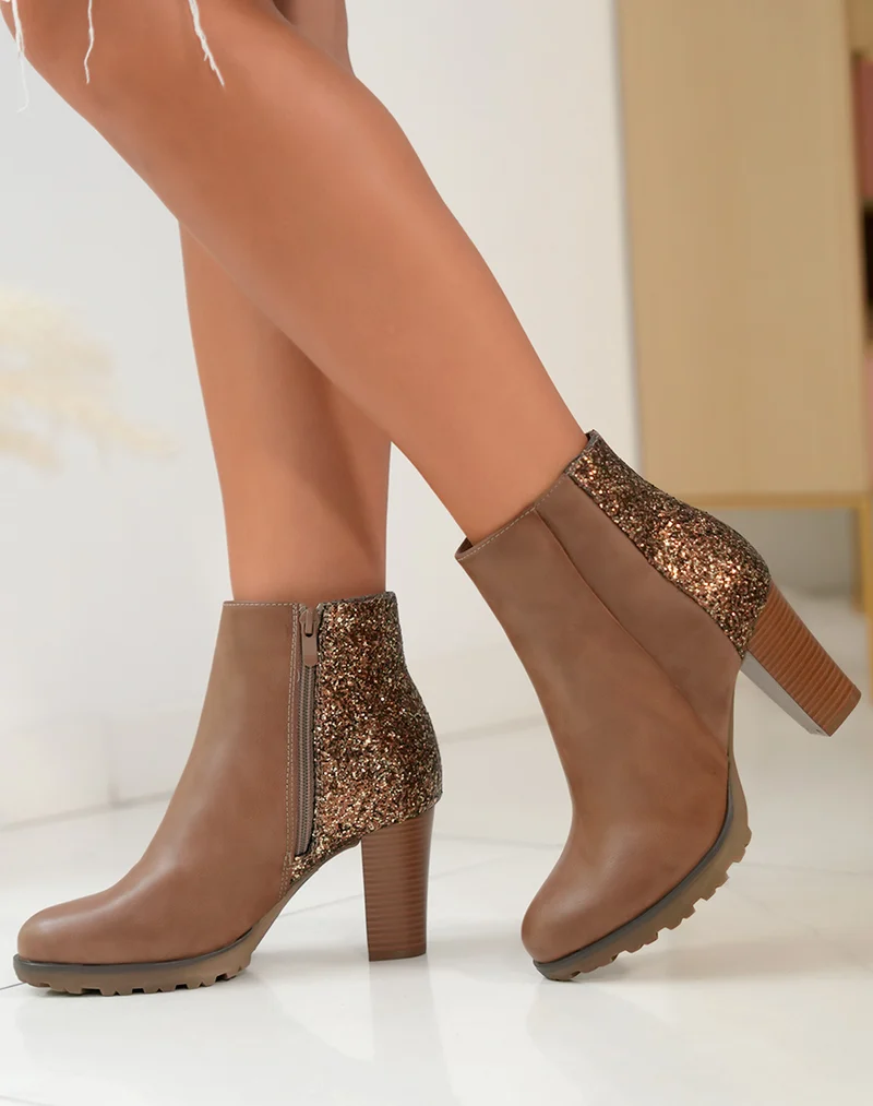 Bottines taupes triple matière à paillettes et à talon
