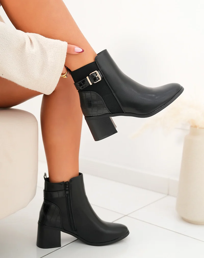 Bottines à talon noires bi-matières à sangle dorée