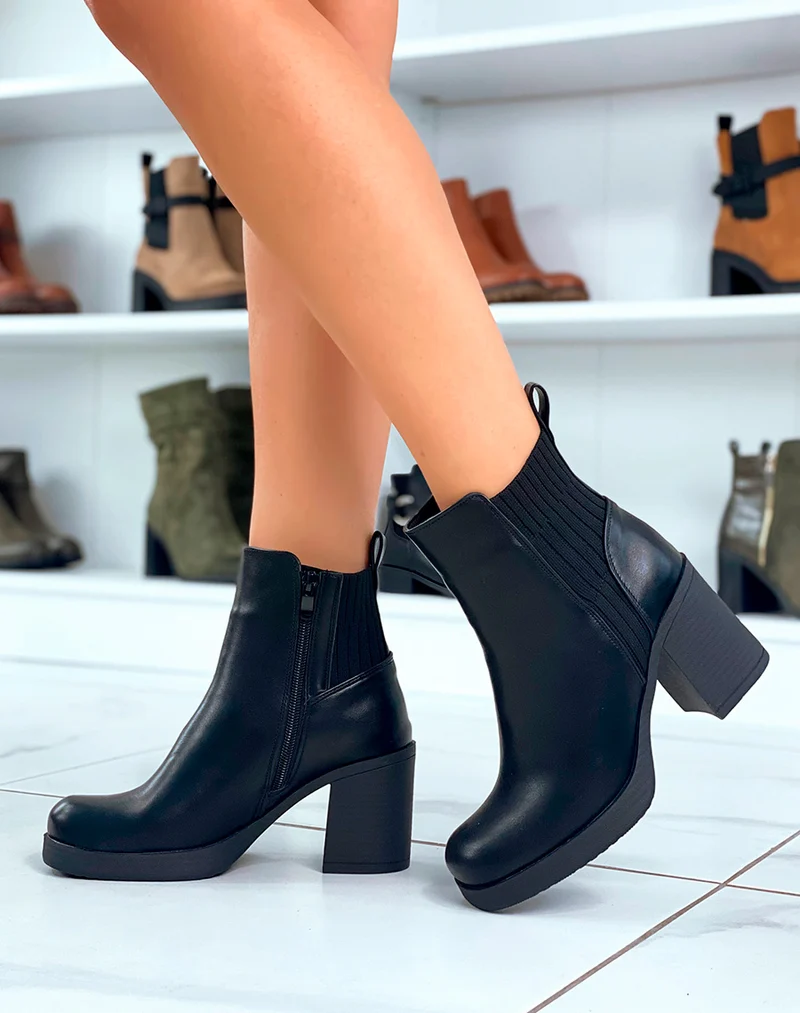 Bottines Chelsea Noires Bi-Matière avec Talon Carré : Le Chic Intemporel pour Femme