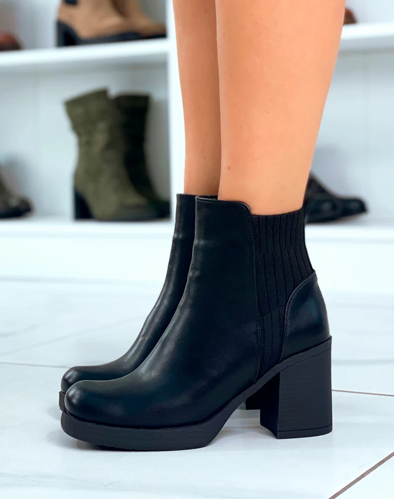 Bottines Chelsea Noires Bi-Matière avec Talon Carré : Le Chic Intemporel pour Femme