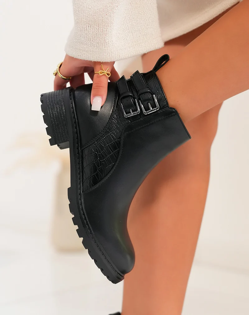 Bottines Noires Bi-Matière : Une Fusion entre Élégance et Effet Croco