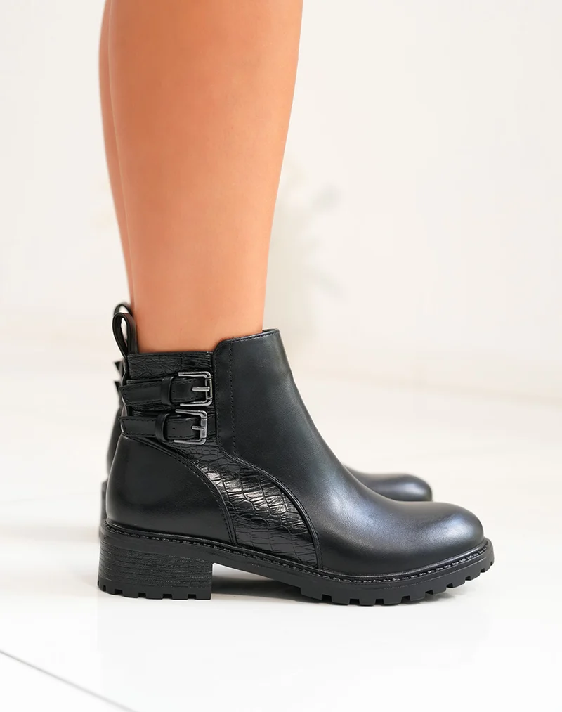 Bottines Noires Bi-Matière : Une Fusion entre Élégance et Effet Croco