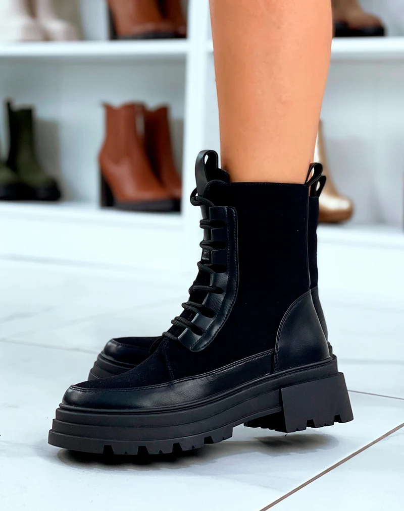 BOTTINES NOIRES BI-MATIÈRE À PLATEFORME