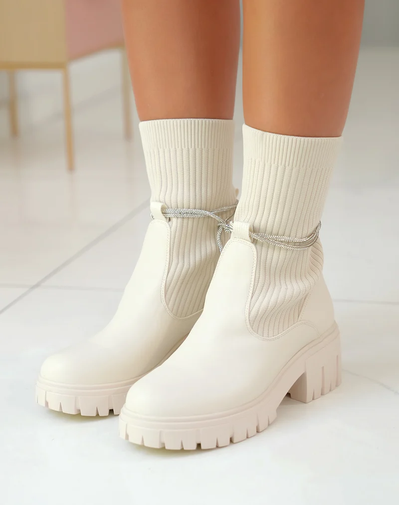 Élégantes Bottines Beiges Femme à Effet Chaussette et Strass