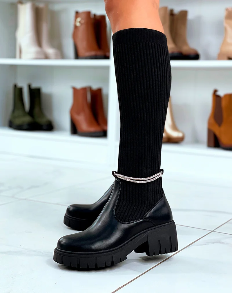 Bottes Femme Noires Chaussette Chic avec Corde à Strass Amovible
