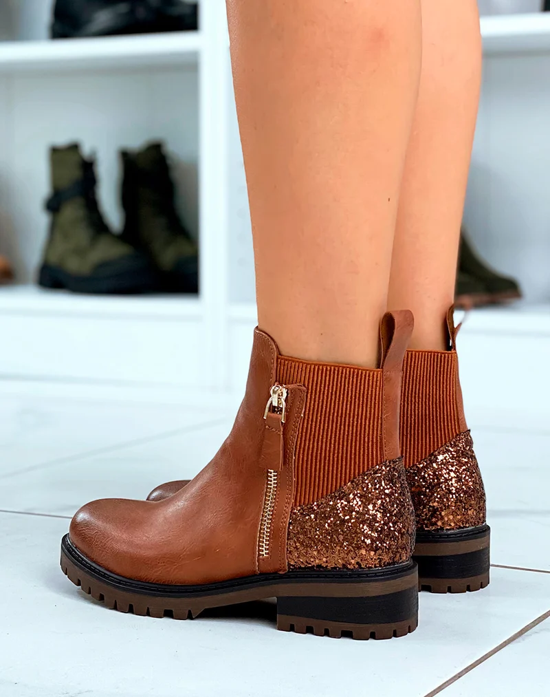 Bottines femme camel avec détail paillette