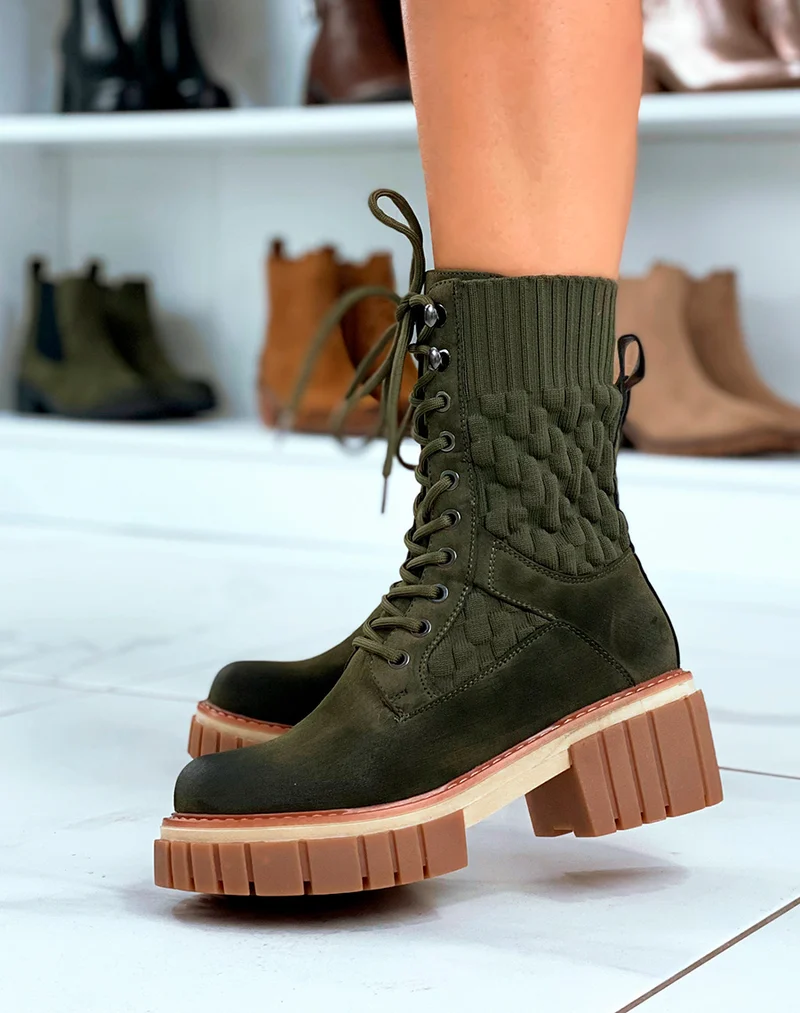 Bottines Vertes Montantes à Lacets Effet Chaussette