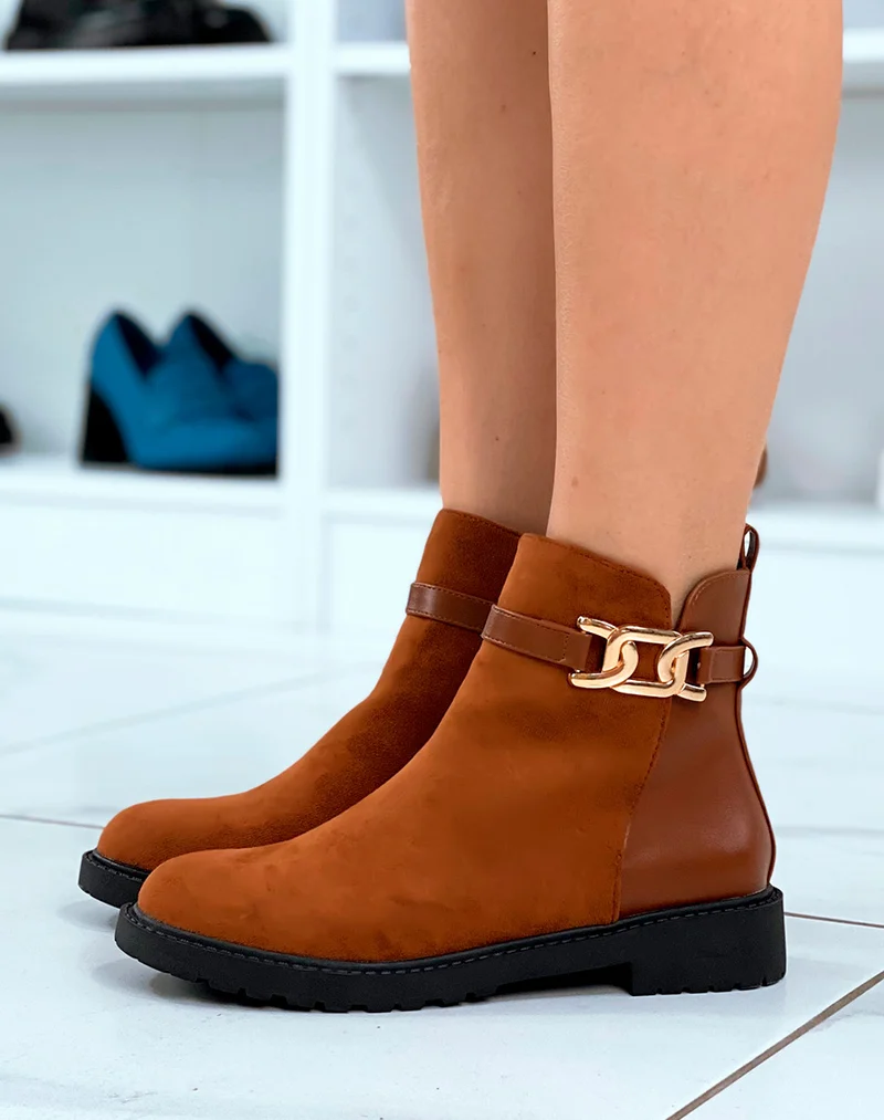 Bottines Femme Camel Distinctives : Bi-Matière & Détails Dorés