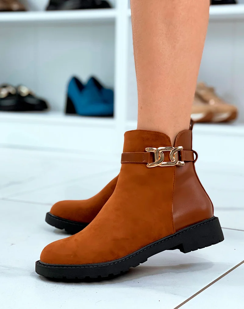 Bottines Femme Camel Distinctives : Bi-Matière & Détails Dorés