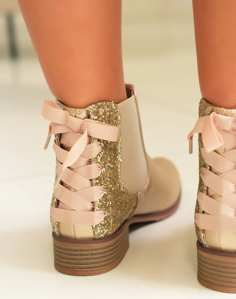 Bottines Femme Dorées Brillantes : Paillettes Nœud & Élasticité