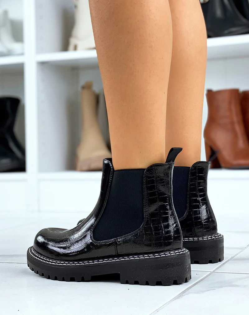 Chelsea boots effet croco noir à grosse plateforme
