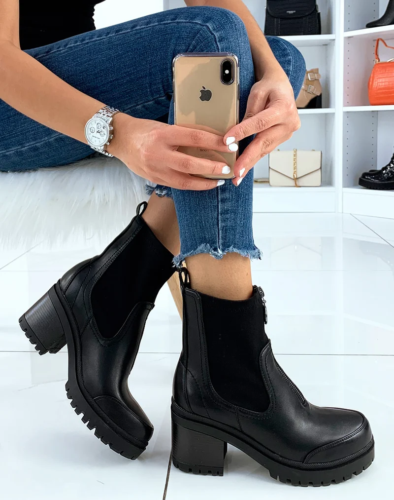 Bottines noires à talon mi-haut à zip
