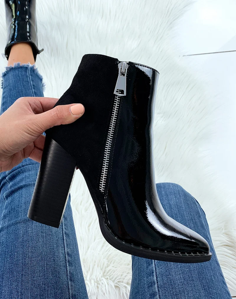 Bottines à talon vernies noires à bout pointu