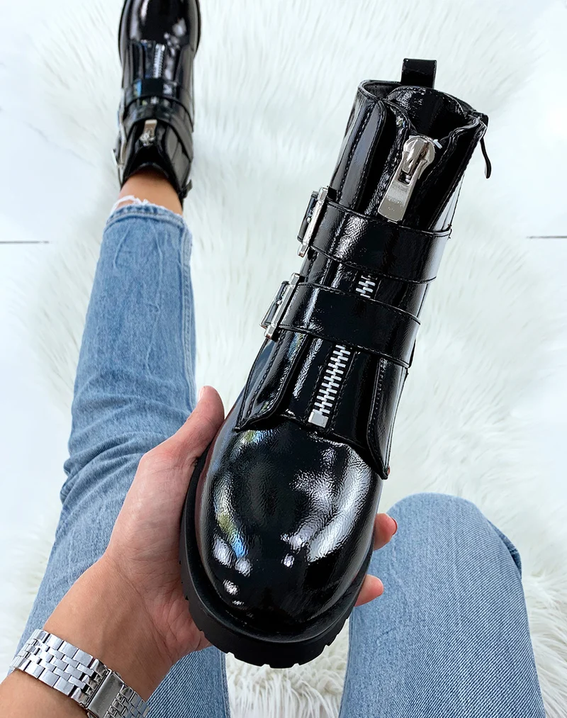 Bottines montantes vernies noires