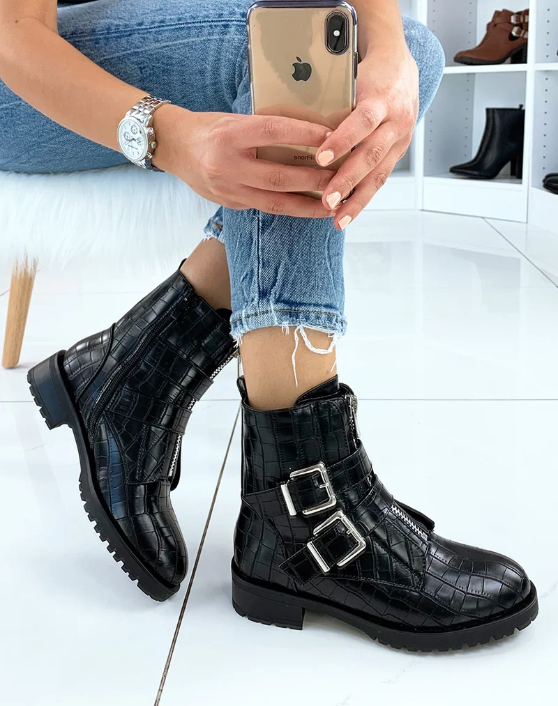 Bottines montantes noires effet croco
