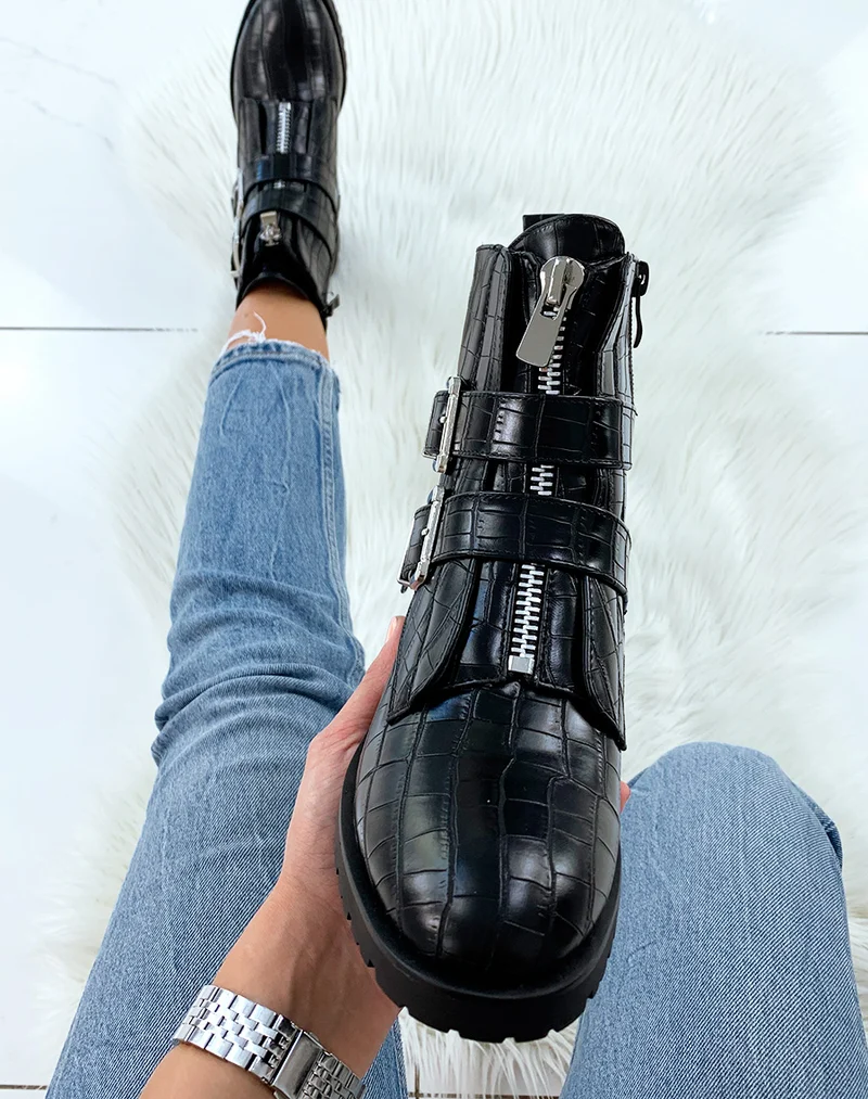 Bottines montantes noires effet croco