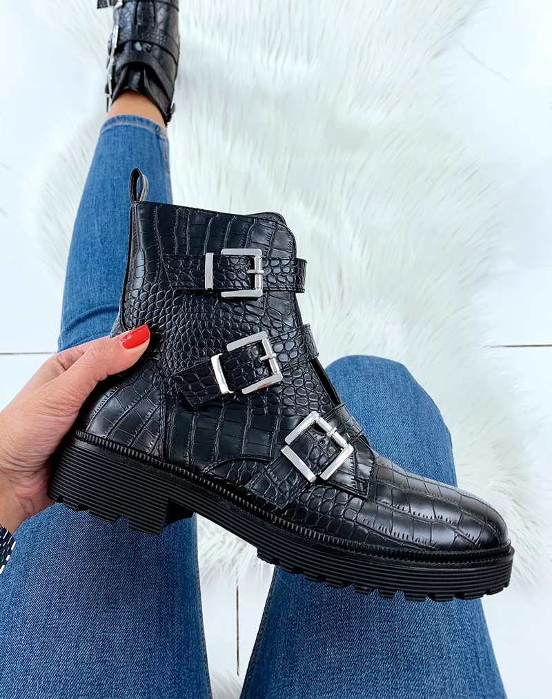 Bottines hautes noires effet croco