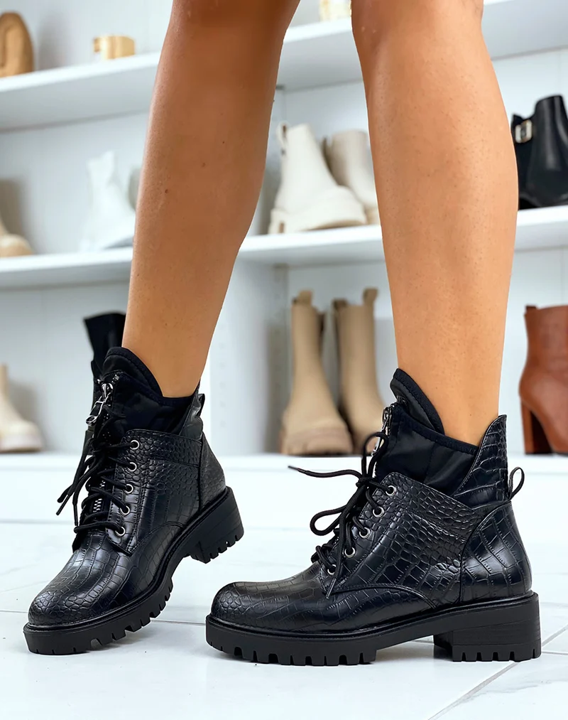 Bottines noires montantes effet croco