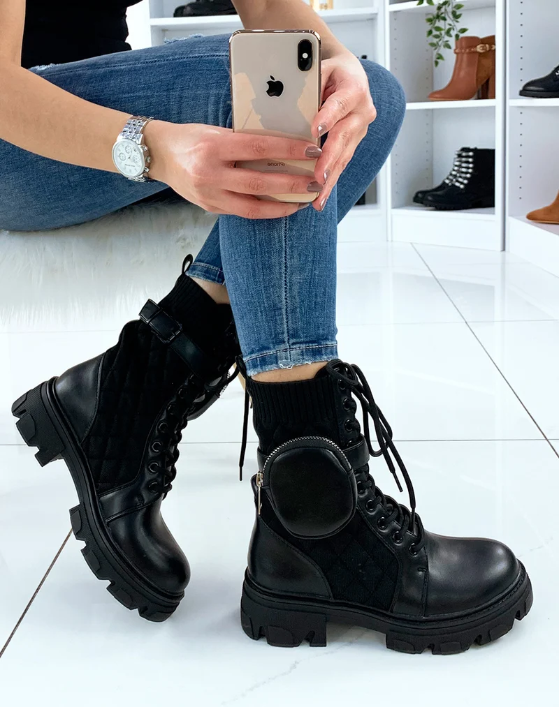 Bottines hautes noires matelassés à semelle crantée