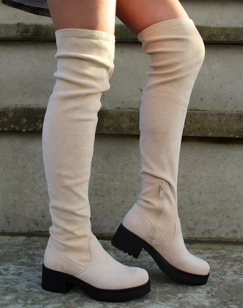 Cuissardes beige à talon cranté noir