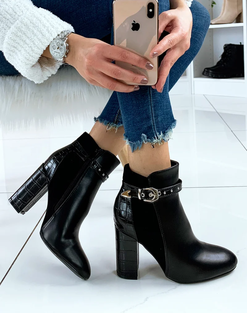 Bottines noires à talon triple matières
