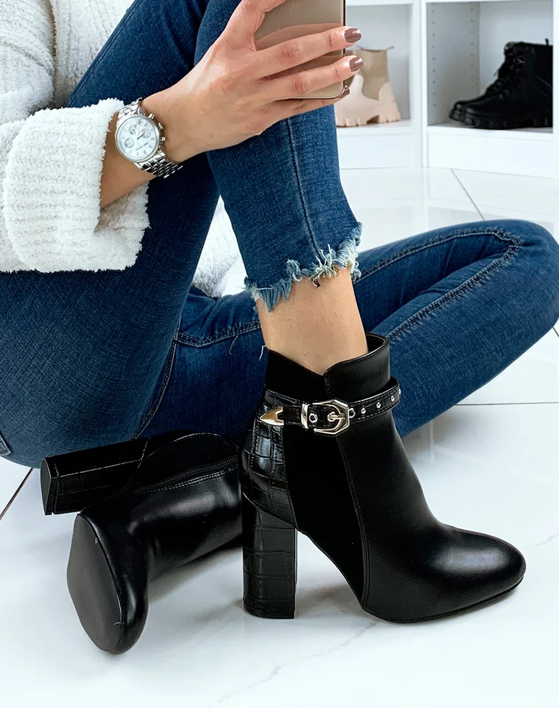 Bottines noires à talon triple matières