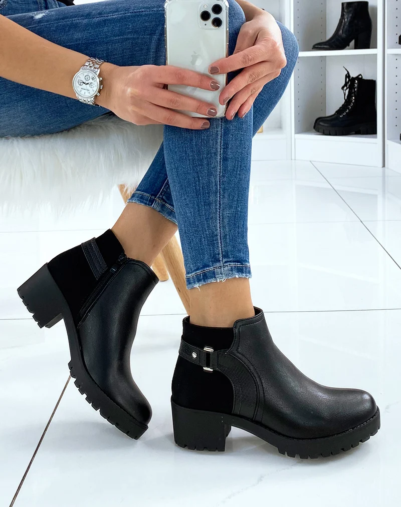 Bottines noires bi-matière à talon