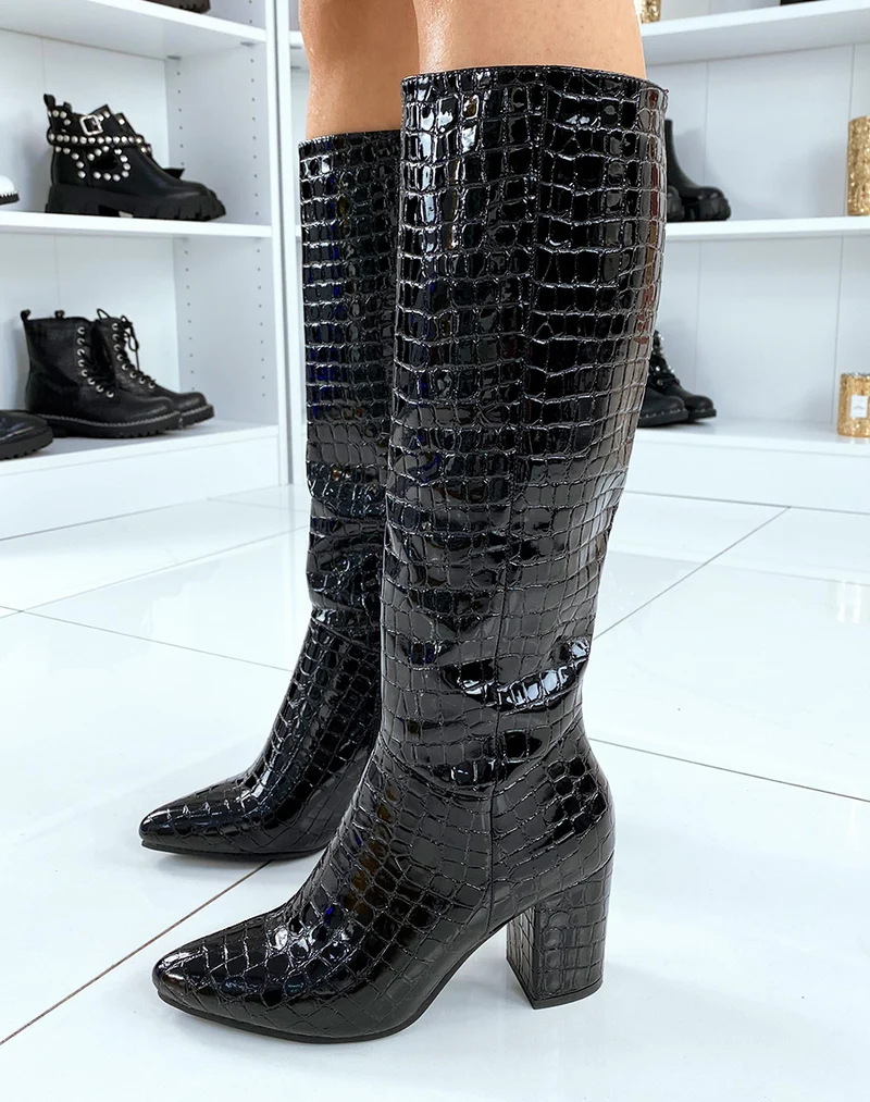 Bottes hautes noires effet croco brillant