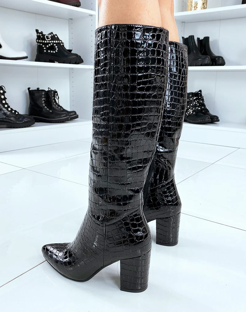 Bottes hautes noires effet croco brillant