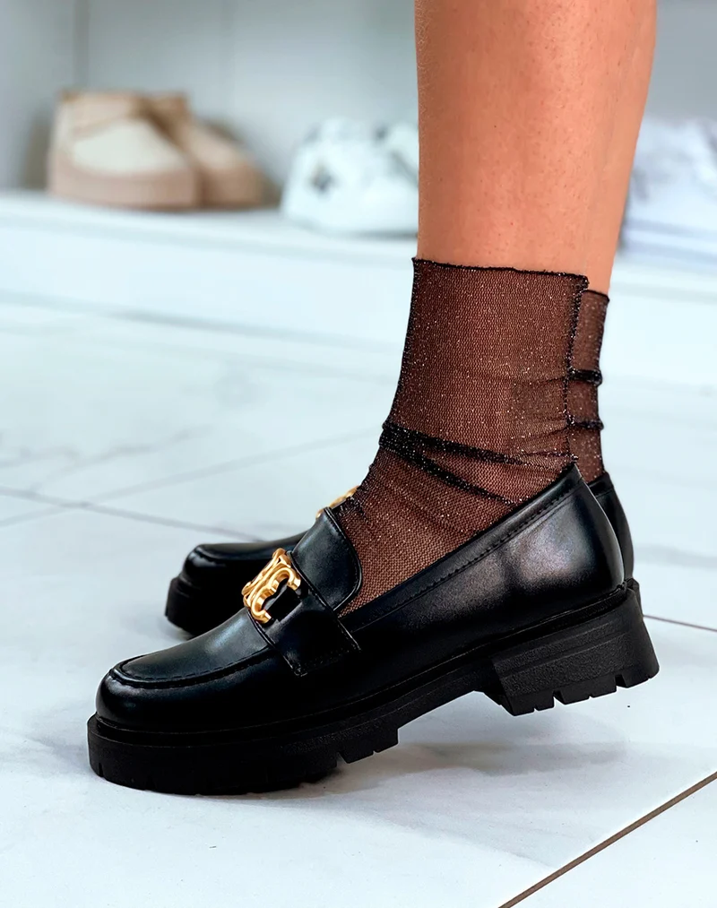 Mocassins noirs à plateforme et à détail doré