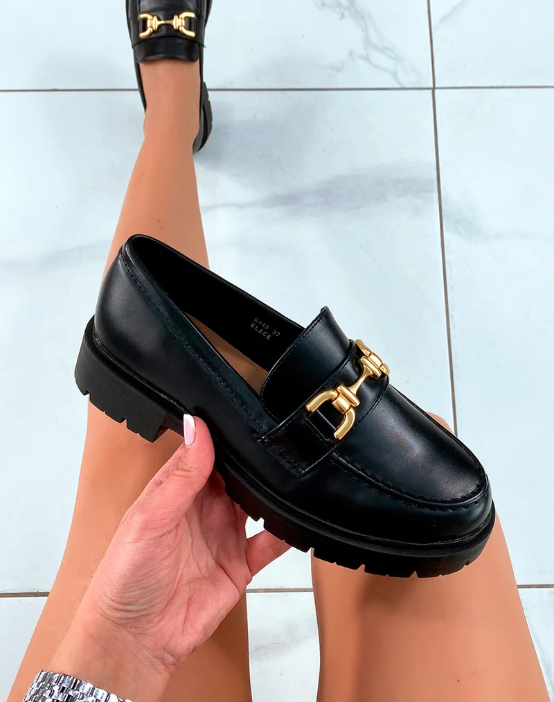 Mocassins noirs à plateforme et à détail doré pour femme