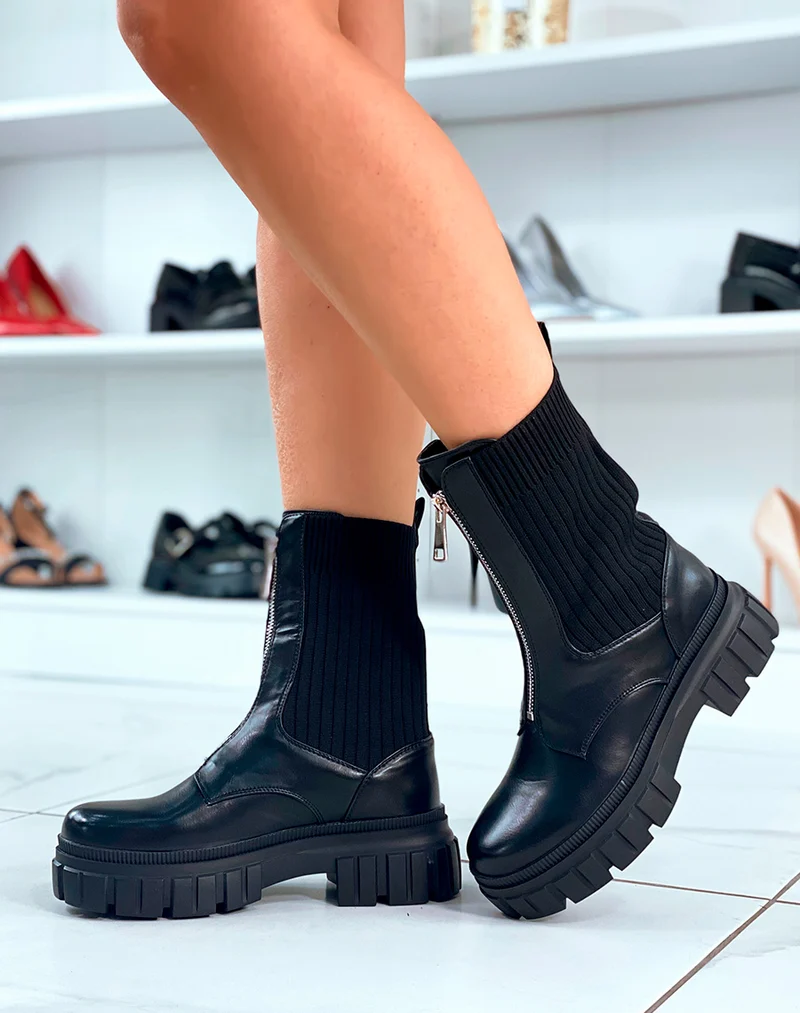 BOTTINES NOIRES MONTANTES EFFET CHAUSSETTE ZIPPÉE