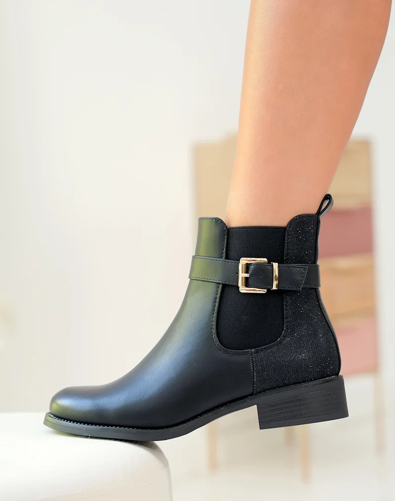 BOTTINES NOIRES STYLE CHELSEA AVEC LANIÈRE DORÉE ET EFFET BRILLANT