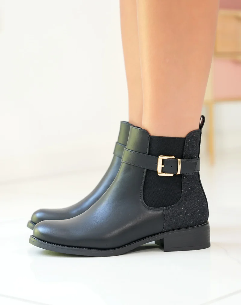 BOTTINES NOIRES STYLE CHELSEA AVEC LANIÈRE DORÉE ET EFFET BRILLANT