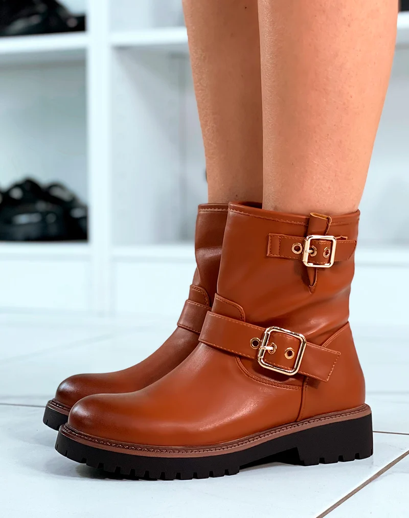 BOTTINES CAMEL TENDANCE AVEC LANIÈRES DÉCORATIVES DORÉES POUR FEMME