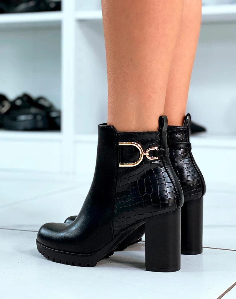 Bottines noires bi-matière à talon haut et à détails dorés